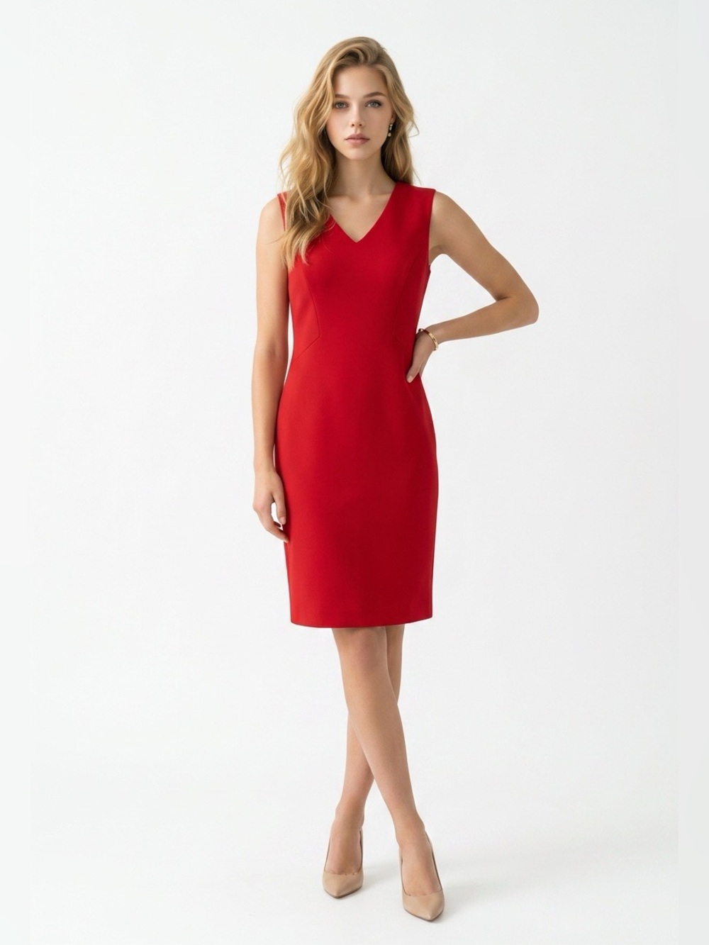 Anne Klein Sleeveless Red V-Neck Sheath Dress